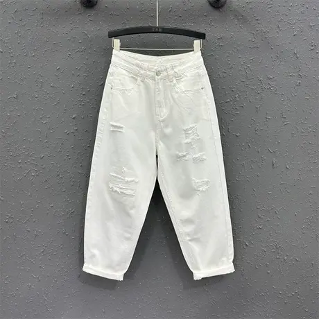 欧货白色个性磨破牛仔老爹裤女2024春夏新款高腰宽松显瘦哈伦裤潮图片