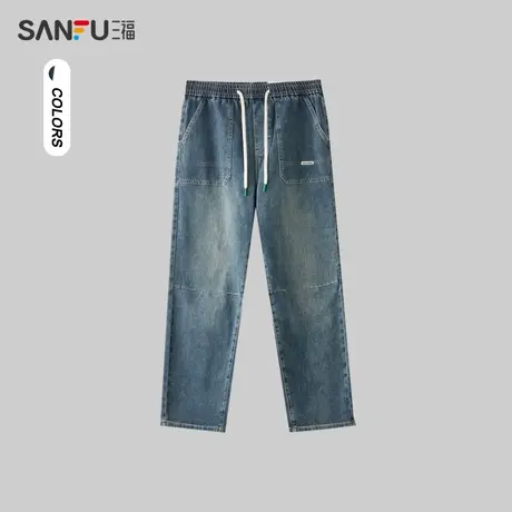 三福2024春季男士贴袋直筒牛仔裤 美式休闲宽松直筒长裤482304图片