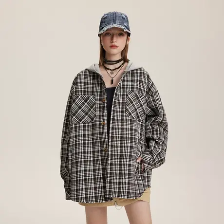 复古潮牌格子春秋衬衫外套女2024新款连帽千鸟格情侣装小香风衬衣图片