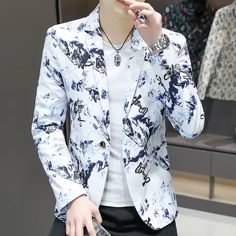 新款潮牌时尚印花小西装春秋季男士休闲痞帅气西服发型师潮流外套商品大图