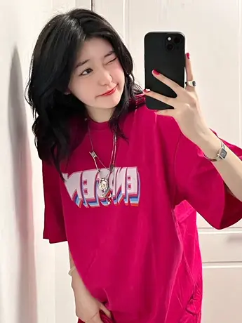 火龙果色短袖t恤女ins国潮牌宽松圆领休闲设计感小众复古美式上衣商品大图