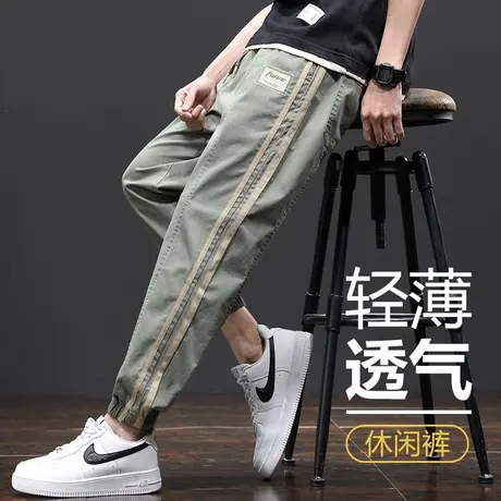夏季设计感条纹束脚美式工装男士2024新款军绿色大码九分休闲裤子商品大图