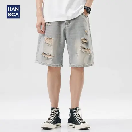 hansca夏季破洞牛仔短裤男美式复古潮流宽松大码痞帅休闲五分裤子商品大图