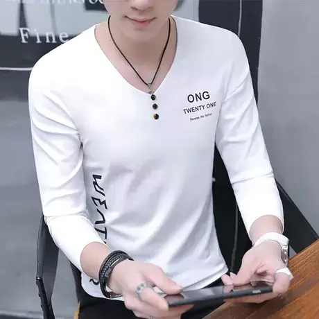 春秋装长袖T恤男韩版上衣V领打底衫潮流秋衣青年卫衣纯棉薄款体恤图片