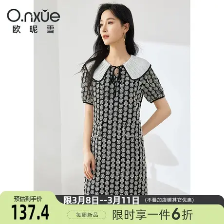 欧昵雪2024夏季新款连衣裙女短袖压褶大翻领系带圆点直筒雪纺短裙图片