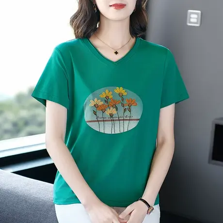 精致设计感短袖t恤女士V领上衣洋气中年妈妈夏装重工刺绣花体恤衫商品大图