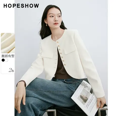 红袖时尚单排扣圆领外套hopeshow2024春季新款设计感弧形下摆上衣图片