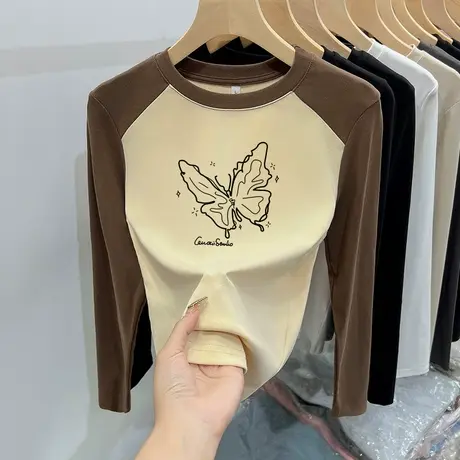 2024新款纯棉正肩撞色长袖t恤女春百搭洋气小个子短款内搭打底秋图片