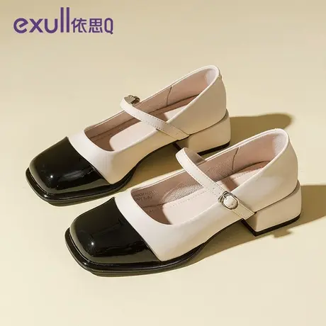 依思q玛丽珍鞋女2024年春季新款法式黑白厚底粗跟小皮鞋中跟单鞋商品大图