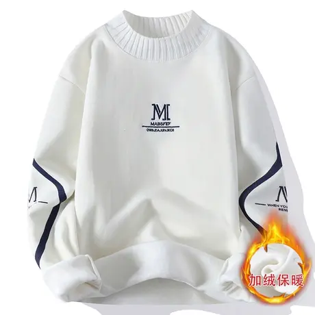 一体绒毛衣男冬季加绒加厚潮牌宽松针织衫男士圆领保暖毛衫线衣服商品大图