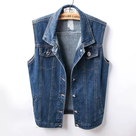 春秋韩版牛仔马甲女中长宽松新款无袖外套BF风背心大码深蓝商品大图