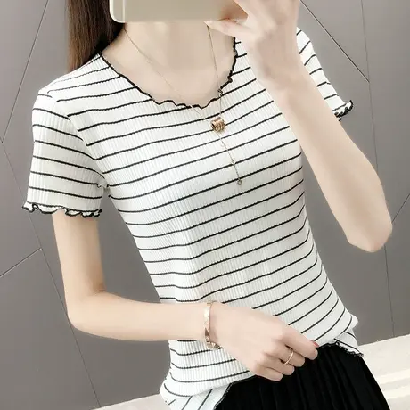 冰丝针织衫短袖t恤女2023新款夏季女装显瘦女士条纹上衣体恤洋气商品大图