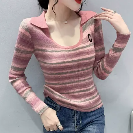 欧货拼色针织毛衣女长袖秋冬2023新款修身显瘦百搭U领打底上衣潮商品大图