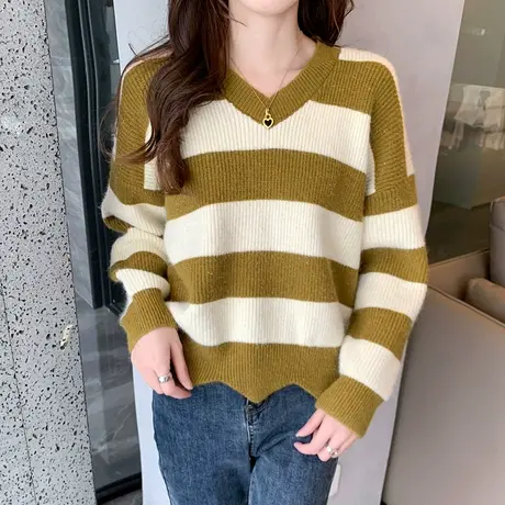 条纹长袖针织衫v领毛衣女秋冬新款内搭打底衫洋气时尚宽松外穿女商品大图
