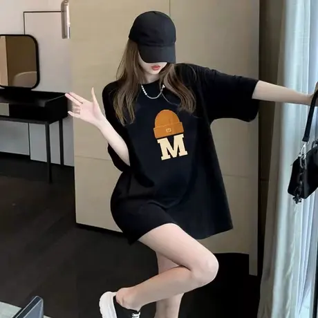 黑色宽松纯棉字母印花短袖T恤女长款2023夏新款质感大版上衣ins潮商品大图