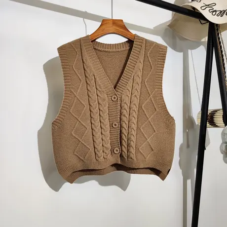针织马甲开衫女秋冬新款韩版宽松v领短款无袖麻花毛衣小背心外套商品大图