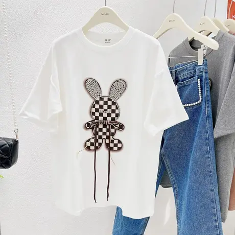 2022秋冬新款韩版别致洋气兔子重工水钻磨毛加厚T恤打底衫大码潮商品大图