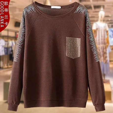 40-50岁新款妈妈春秋上衣洋气时尚加肥加大码女装烫钻圆领长袖T恤商品大图