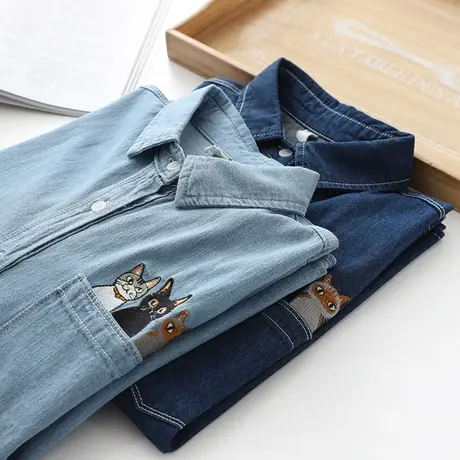 春秋款韩版复古宽松刺绣牛仔衬衫女学生减龄纯棉休闲百搭长袖上衣商品大图