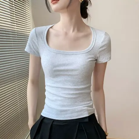 大方领短袖t恤女2023夏季新款修身低领漏锁骨性感棉上衣外穿体恤商品大图