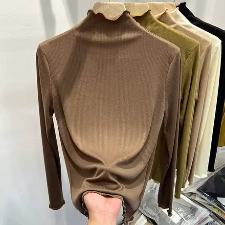 2023年新款秋冬季女装纯色修身长袖打底衫别致木耳边半高领针织衫商品大图