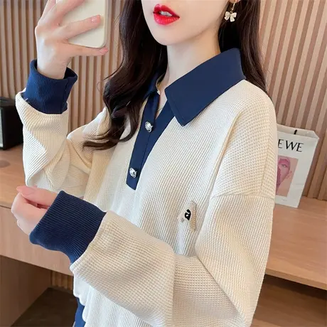 早秋polo领卫衣女春秋季韩版宽松薄款慵懒风小个子华夫格上衣外套商品大图