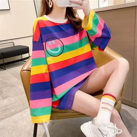 条纹t恤女装2023新款潮春秋季长袖韩版宽松上衣服打底衫爆款ins潮图片