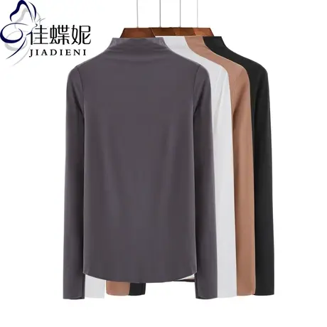秋冬半高领长袖体恤打底衫女内搭上衣修身纯色纯棉简约百搭基础衫商品大图