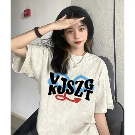 灰色纯棉短袖t恤女夏季新款设计感小众潮牌美式复古宽松半袖上衣图片