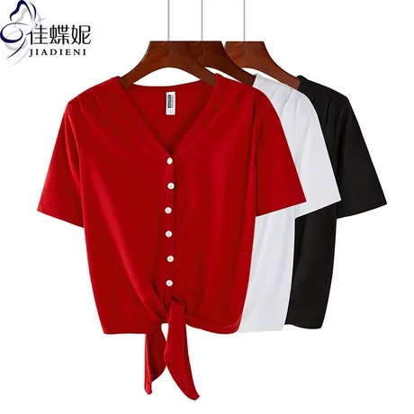 夏季新款韩版V领开衫宽松纯色简约休闲短款打结短袖体恤上衣女装商品大图