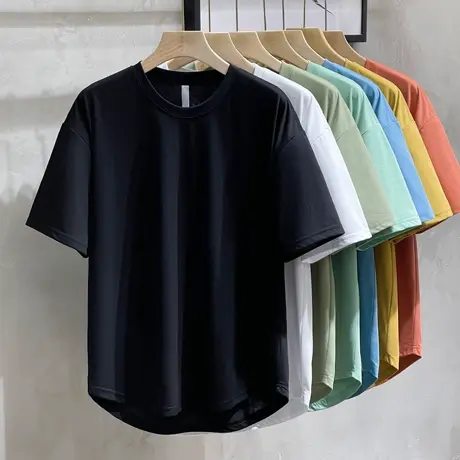 美式休闲极简弧形下摆设计短袖t恤衫男弧形下摆宽松纯色日系上衣商品大图