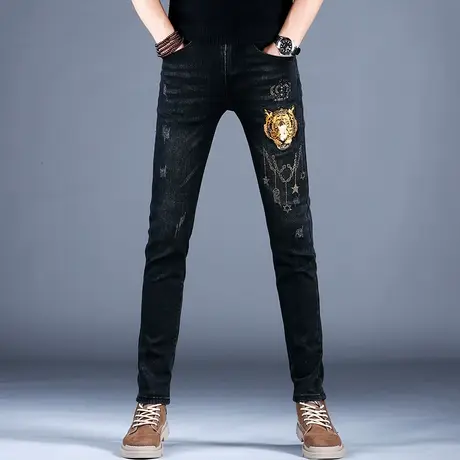 2023新款百搭男士牛仔裤男秋款修身时尚烫钻花小脚裤棉弹潮牌休闲商品大图