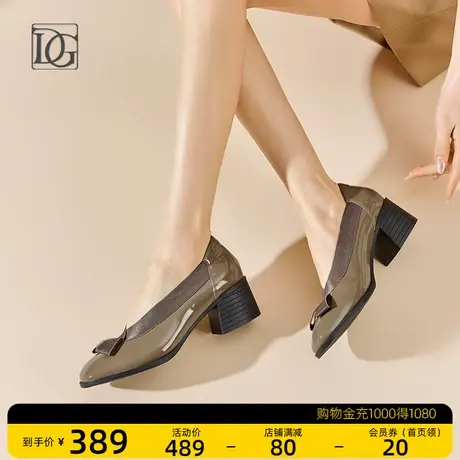 商场同款漆皮方头浅口单鞋女粗跟2023年新款早春配裙子真皮小皮鞋图片