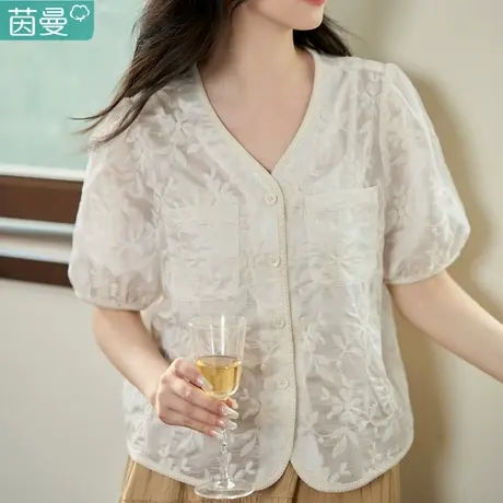 茵曼衬衫2023新款夏款高级感衬衣法式女士短袖女上衣时尚气质洋气商品大图