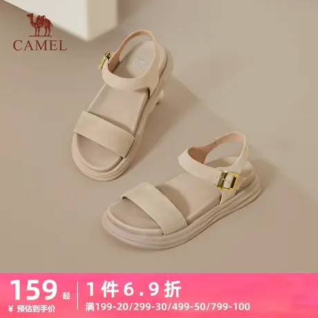 骆驼女鞋2023夏季新款平底一字带凉鞋时尚厚底真皮厚底休闲凉鞋图片