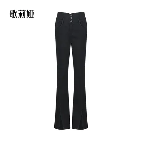 歌莉娅黑色牛仔裤女冬季新款中高腰微喇叭裤暖姜长裤子1BCCCD010图片