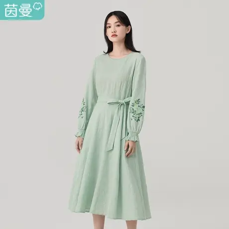 【商场同款】茵曼2023特价清仓花边圆领花卉绣花提花连衣裙文艺风图片