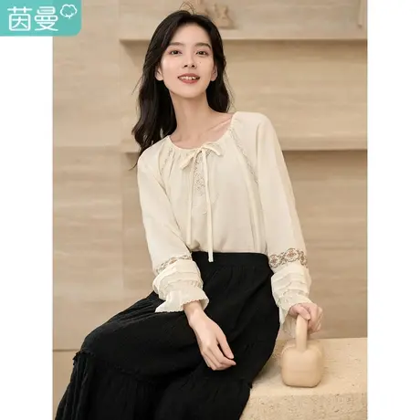 茵曼苎麻天丝衬衫女2023年春季新款法式绣花系带宽松短袖衬衣上衣商品大图
