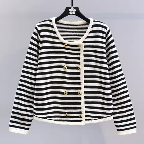 小香风条纹针织衫开衫女2023早春新款宽松高级感休闲长袖毛衣外套图片