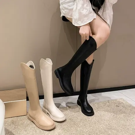 永希V口高筒骑士靴女2022年秋冬新款英伦风小个子厚底不过膝长靴图片