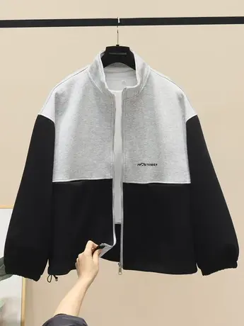 2023早春新款外套女立领拼色韩版小个子时尚宽松慵懒风开衫外套潮图片