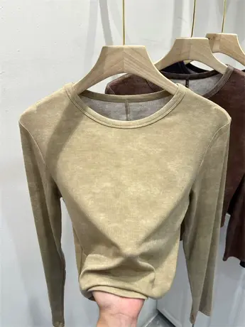 欧货扎染拼色T恤长袖修身针织衫女2023早秋款圆领洋气时髦打底衫商品大图