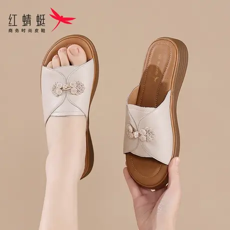 红蜻蜓女士一脚蹬厚底一字拖拖鞋女2025新款外穿夏凉拖鞋真皮妈妈图片