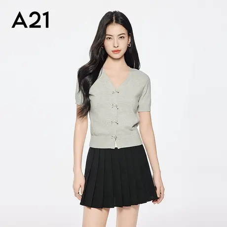 A21女装灰色暗扣开衫V领短袖毛针织衫学院风短款上衣宽松百搭显瘦商品大图