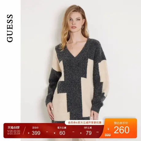 GUESS女士法式慵懒风V领拼色毛针织衫-W4BR0AZ3JO0商品大图