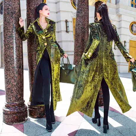 VJE秋季女装军绿色丝绒风衣女中长款新款欧货潮修身外套大衣图片