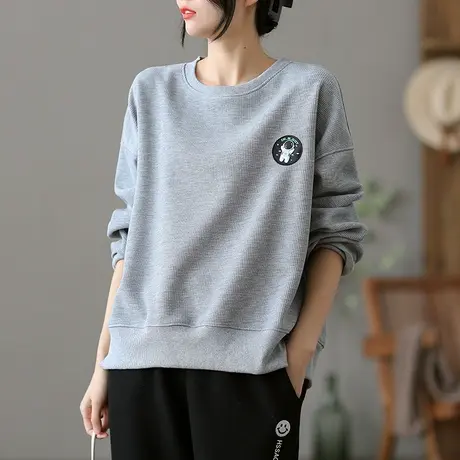 dza 复古休闲圆领华夫格短款卫衣女春秋纯棉新款百搭宽松文艺上衣图片