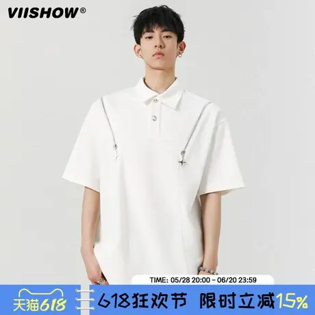 VIISHOW美式纯色拼接短袖T恤男夏季高级感POLO衫半拉链宽松翻领商品大图