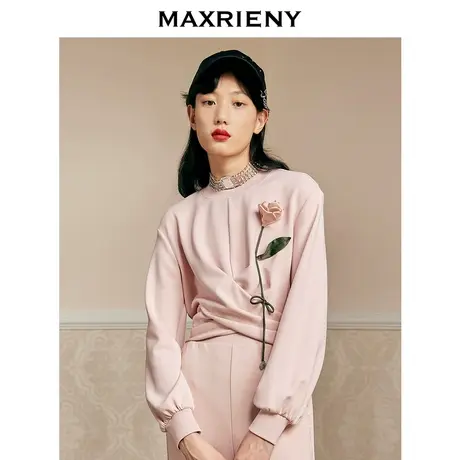 MAXRIENY交叉下摆截短玫瑰花套头上衣秋季卫衣图片