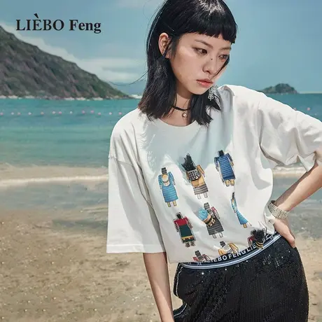 裂帛LIEBOFeng商场同款2023年设计师立体毛绒刺绣白色宽松短袖T恤商品大图
